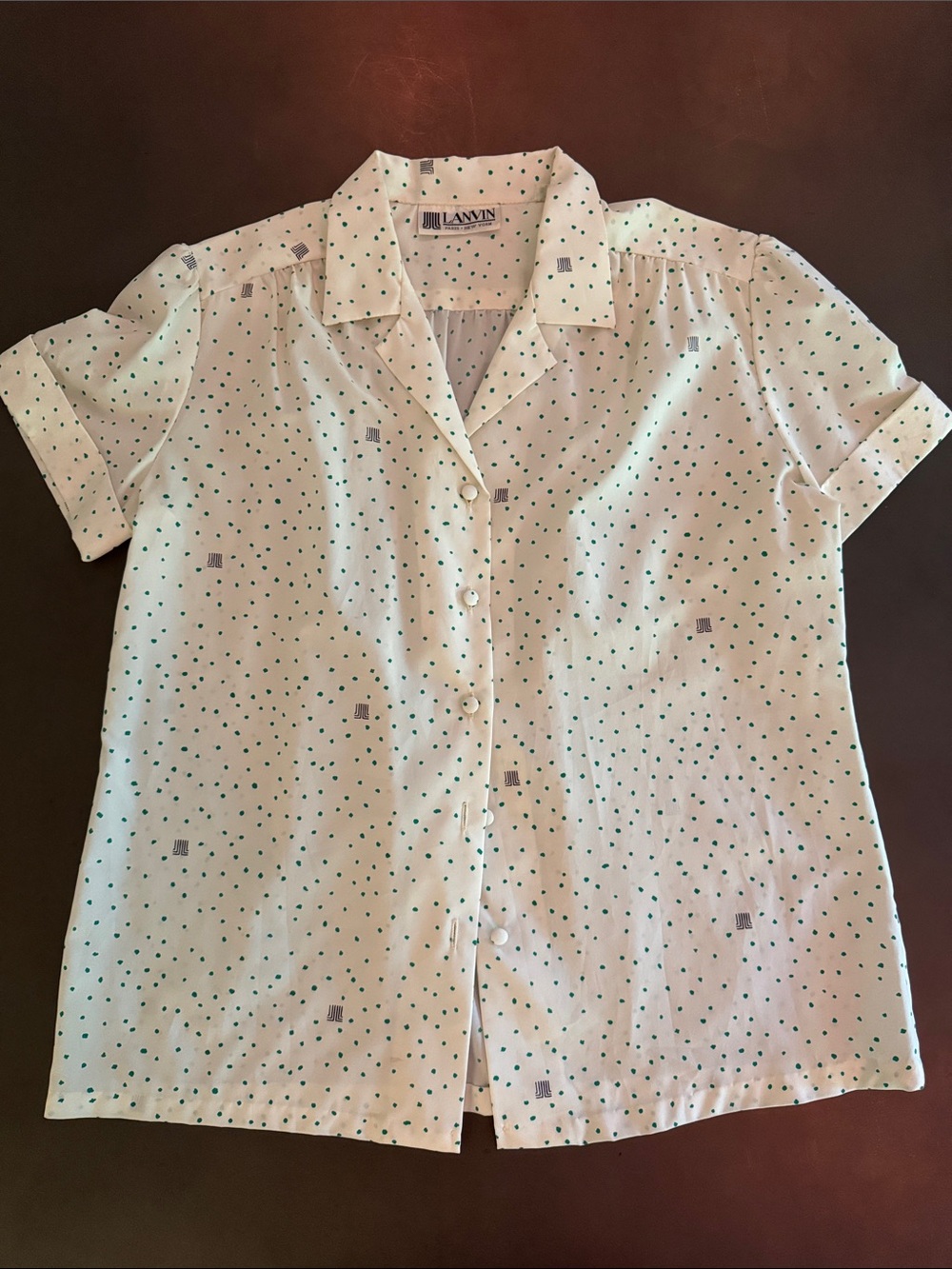 Lanvin White Short Sleeve Button-Front Shirt with Green Dot Pattern